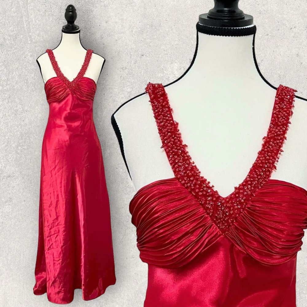 Morgan & Co. | Red Satin Beaded Dress